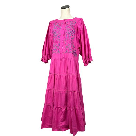 Vintage Preppy Pink Tiered Long Sleeve Floral Embroidered Button Front Maxi L - Picture 1 of 6